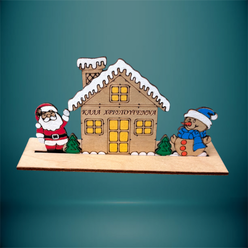 Ξύλινο Διακοσμητικό Σπιτάκι "Καλά Χριστούγεννα" με Άγιο Βασίλη & Χιονάνθρωπο